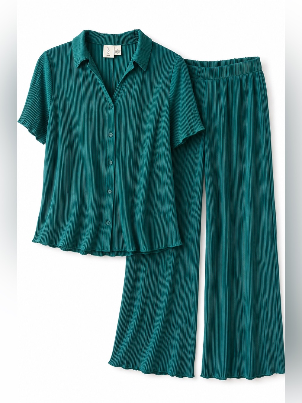 Joie Pleated Matching Set Green/Teal Rib Button Front Top Wide Leg Pants Size L